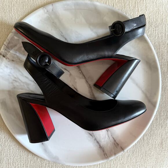 Christian Louboutin Miss Sab 85 Black Leather Pumps Block Heels Ankle Strap - Picture 6 of 7